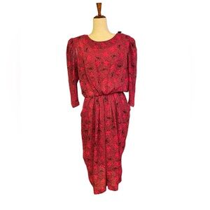 Vintage Pink Fuchsia and Black Small Print Polyester Dress Pocket Button Back 16